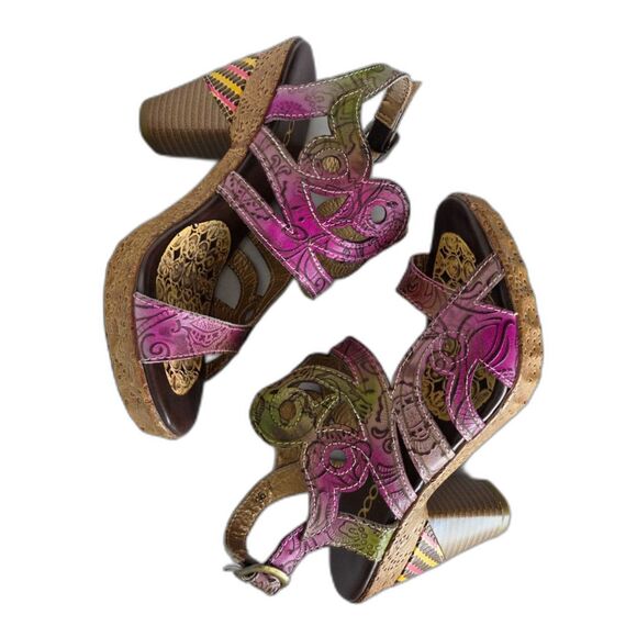 SOCOFY Leather Boho Platform Sandals Pink Floral Tooled Heels Sz 6/36 Artsy Chic - Picture 3 of 8